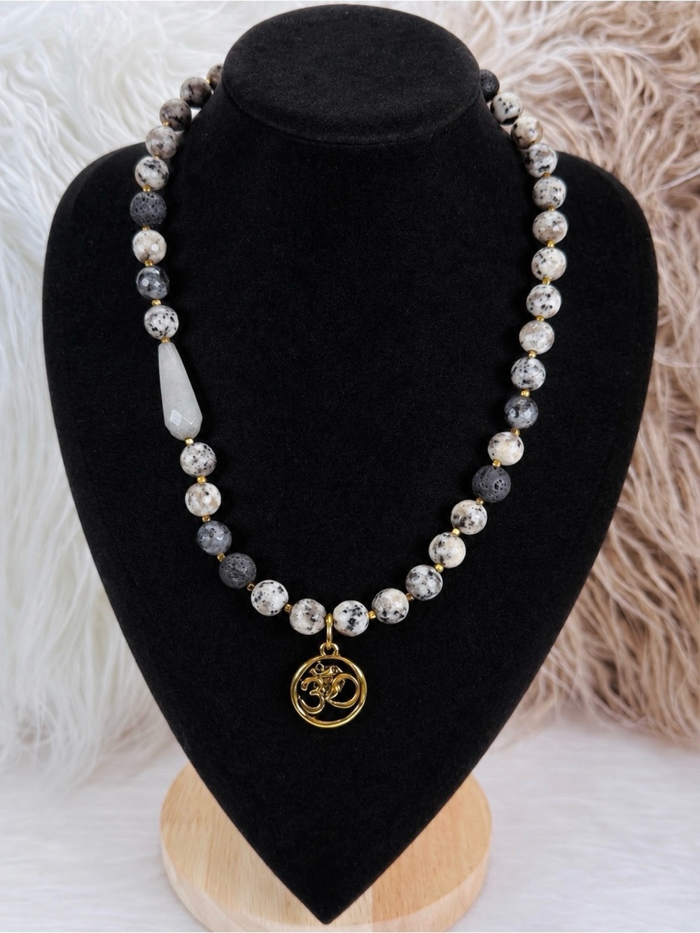 Dalmatian Jasperstone black lava stone, bohemian and chic beaded 16” Necklace